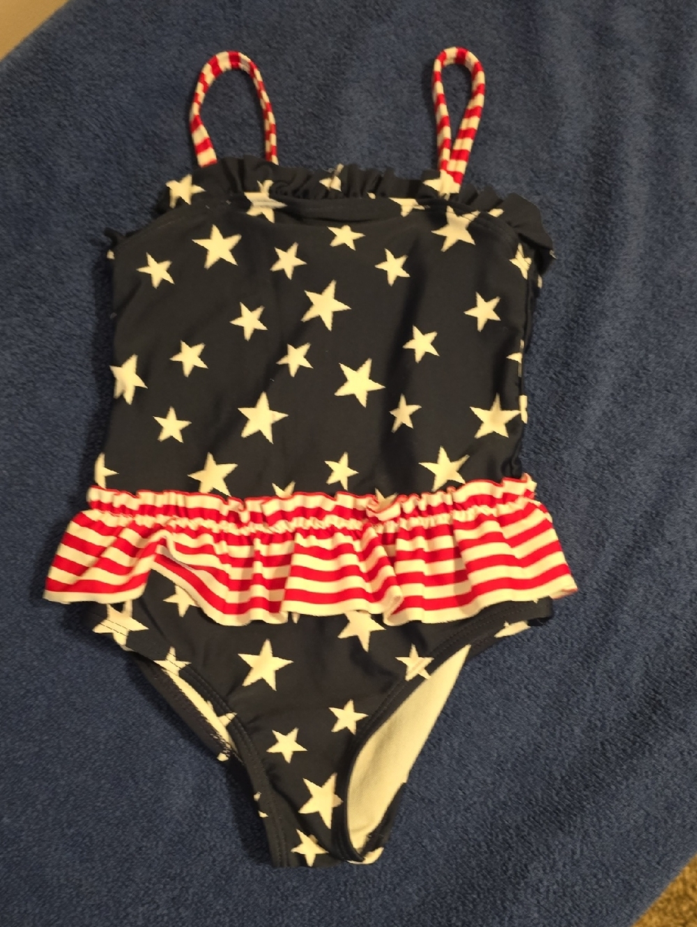 OshKosh B'gosh Navy Blue White Stars One-Piece Swimsuit with Red Stripe Ruffle
